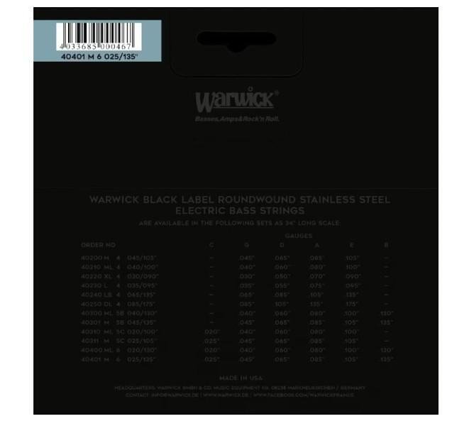 Warwick Black Label Bass String Set, Stainless Steel, 6-String, Medium ...